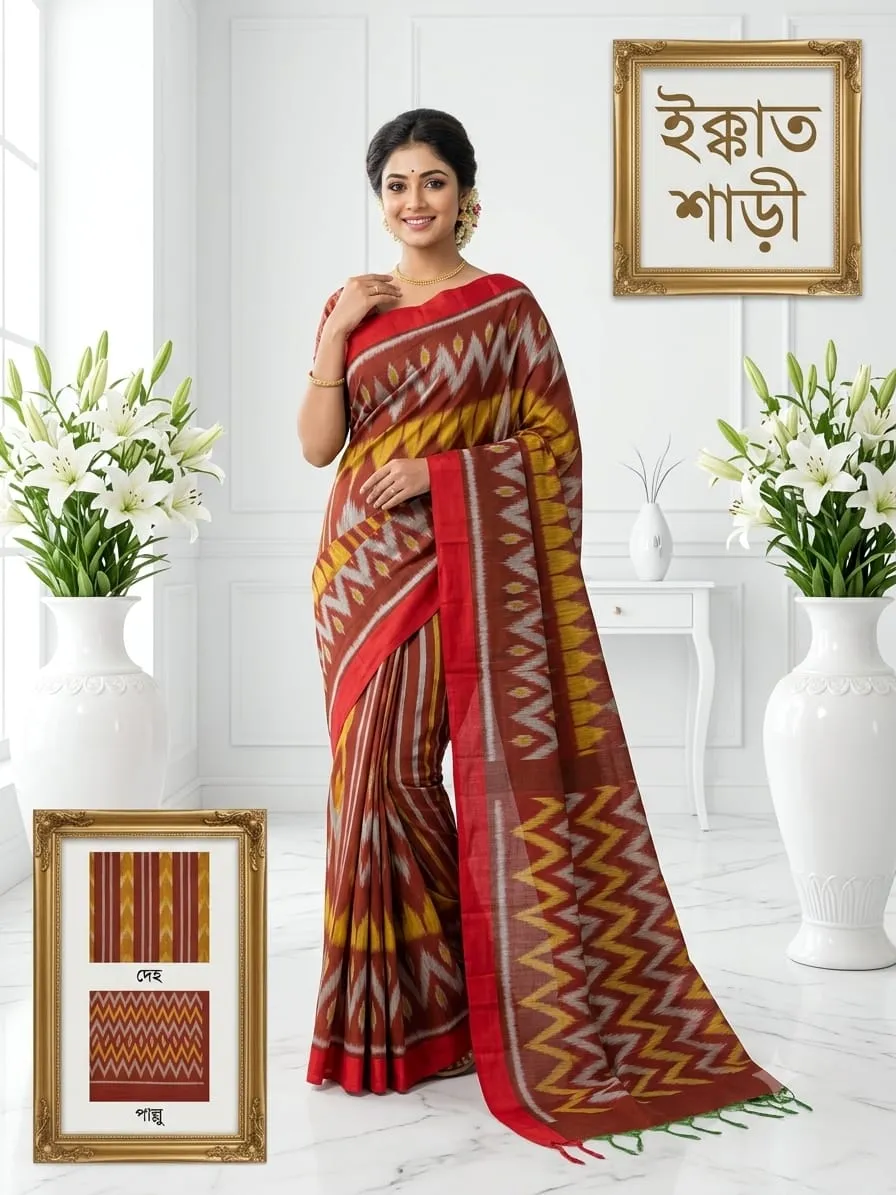 হাতে বোনা ইক্কাত শাড়ি – মেরুন লাল ও হলুদ জিগজ্যাগ ডিজাইন | টাঙ্গাইলা